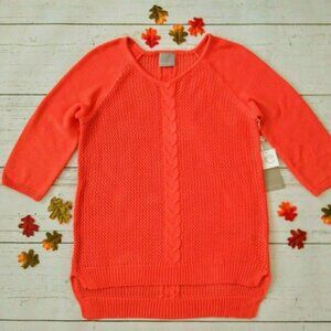 Evolution Cable Lace Knit Tunic Sweater XL V-Neck 3/4 Sleeves Orange Beautiful